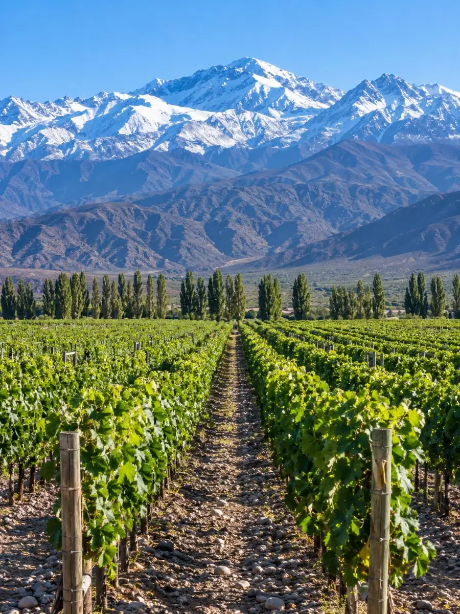 Reihen von Weinreben in einem hochgelegenen Weingut in Mendoza mit den schneebedeckten Anden im Hintergrund